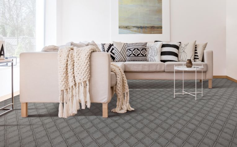 living room with gray patterned carpet